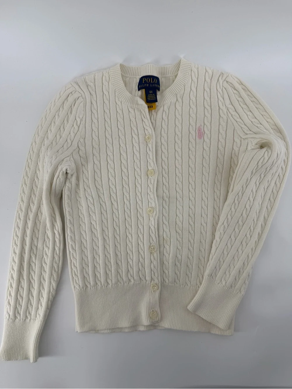 Polo Ralph Lauren Girls White Cable Knit Cardigan Sweater Size 6X Pink Pony